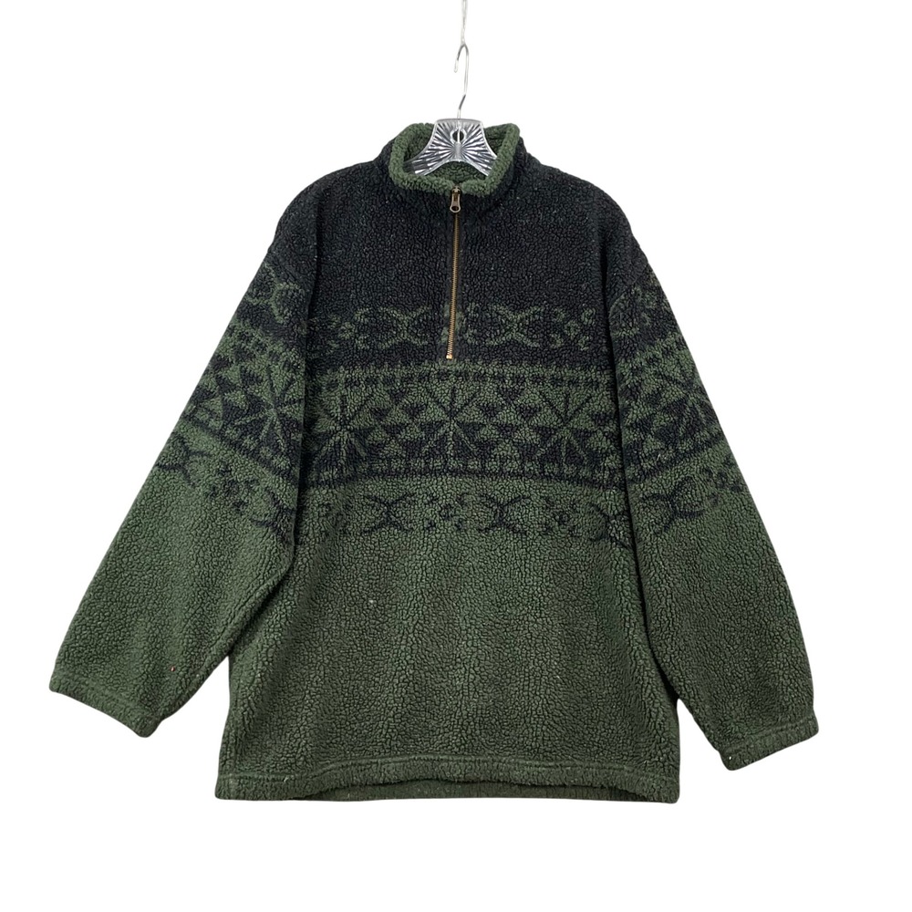 Club Room Fleece Pullover Women Medium Green Fair Isle Quarter Zip Sherpa Jacket